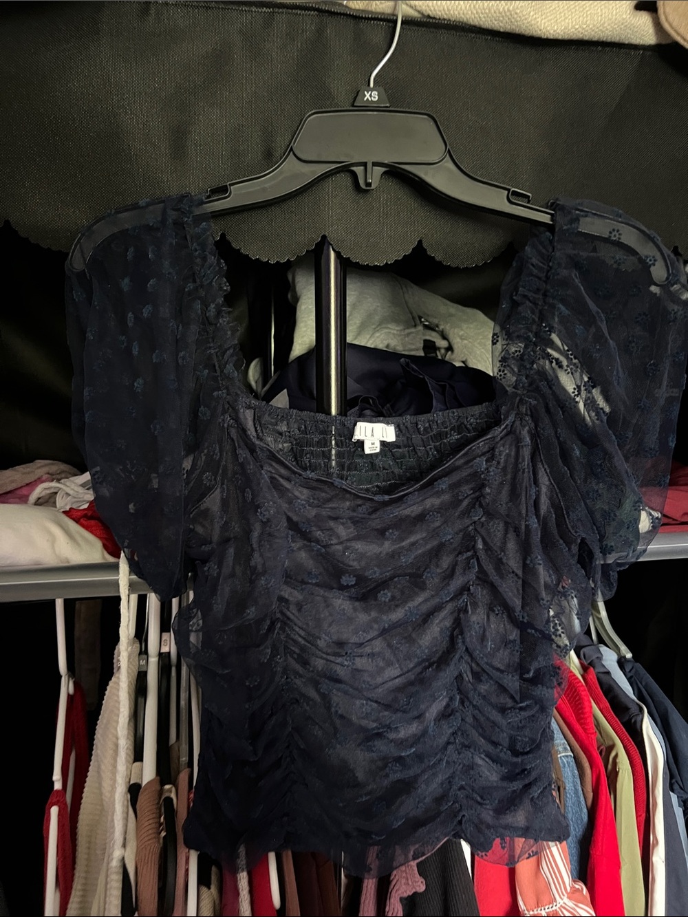 SHEIN Dark Blue Floral Mesh Puff Sleeve Blouse